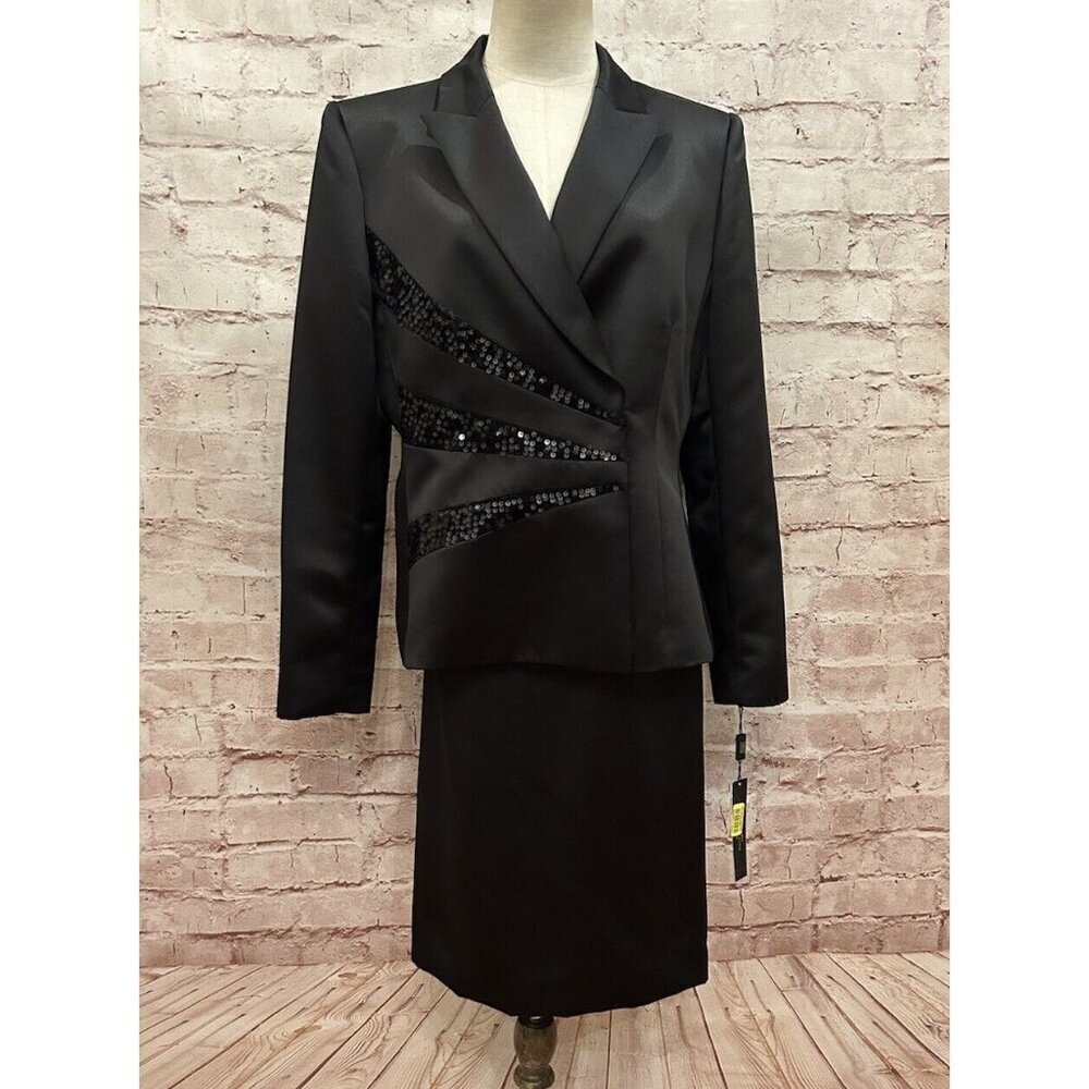 Tahari Arthur S. Levine Luxe Black Satin Skirt Suit Dressy Evening Size 12 NEW
